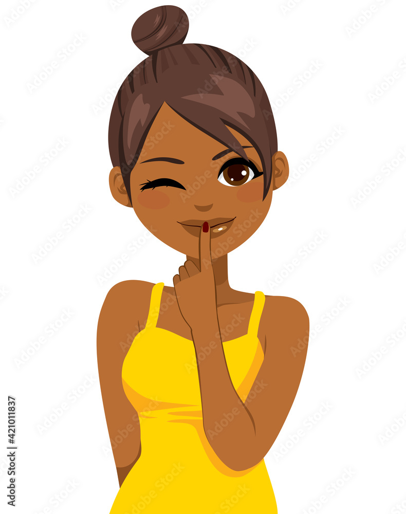 Beautiful black girl touching lips with finger and winking eye showing mischievous expression Beautiful black girl touching lips with finger and winking eye showing mischievous expression