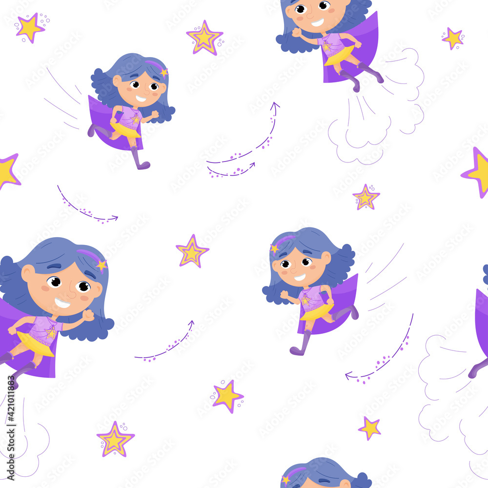 Superhero kids cartoon. Vector illustration of a superhero girl.The girl hurries to the rescue. Superhero kids cartoon. Vector illustration of a superhero girl.The girl hurries to the rescue.