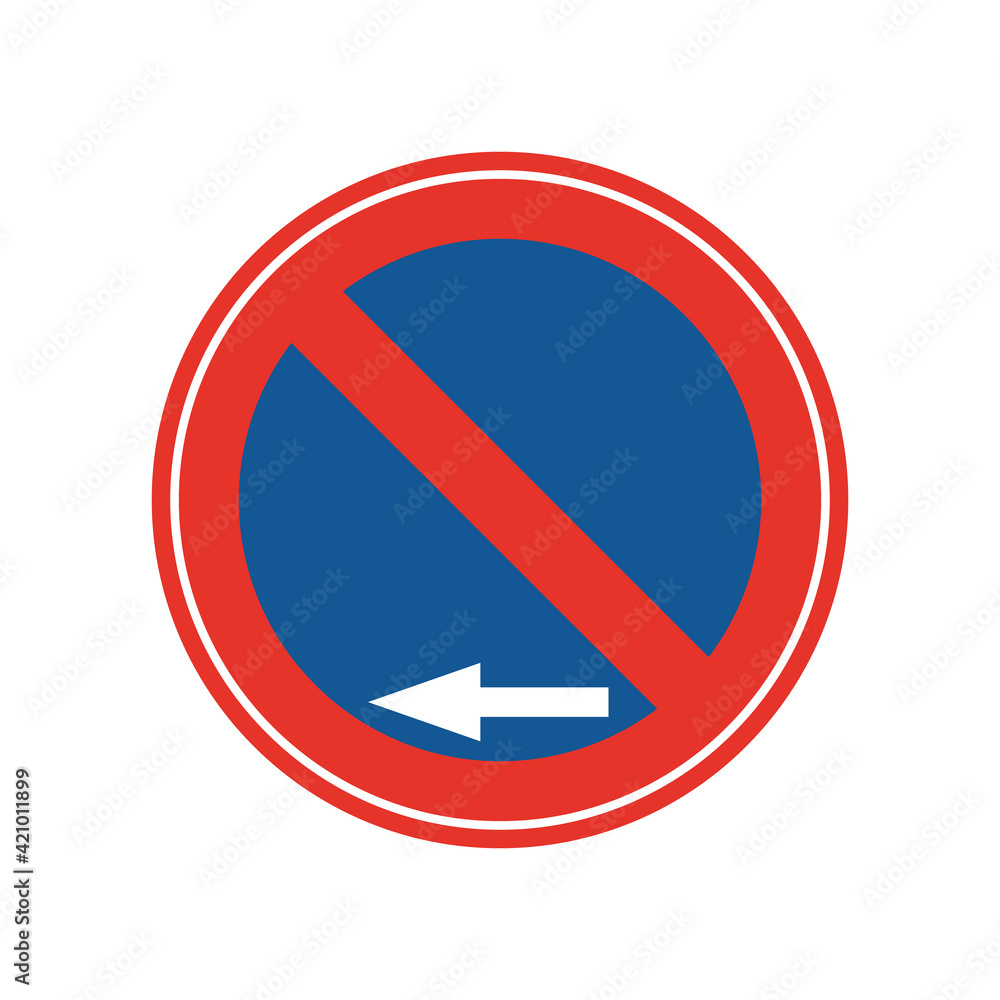 Rounded traffic signal in blue and red, isolated on white background. Parking prohibited to the left Rounded traffic signal in blue and red, isolated on white background. Parking prohibited to the left