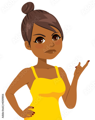 Angry black girl pointing finger up and with hand on hip showing upset expression
