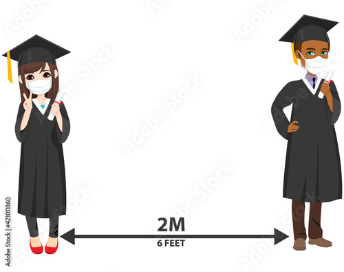 Asian female and black male students with face masks holding diploma keeping social distance in University graduation