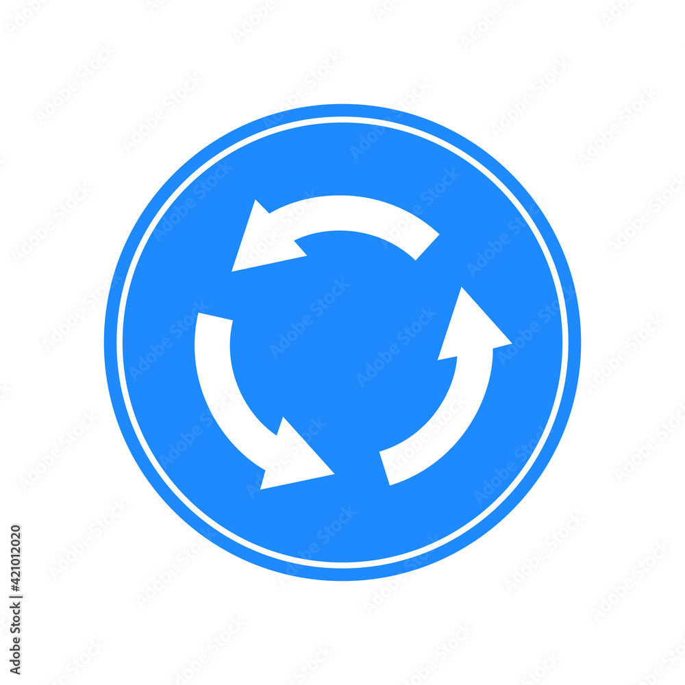 Rounded traffic signal in blue and white, isolated on white background. Compulsory rotary direction intersection Rounded traffic signal in blue and white, isolated on white background. Compulsory rotary direction intersection