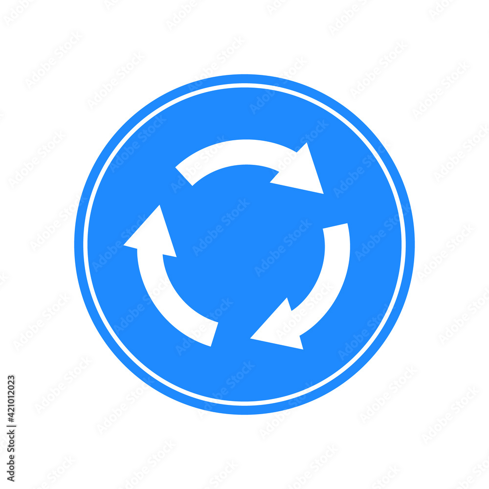 Rounded traffic signal in blue and white, isolated on white background. Compulsory rotary direction intersection Rounded traffic signal in blue and white, isolated on white background. Compulsory rotary direction intersection