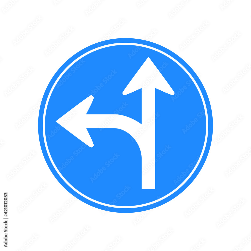 Rounded traffic signal in blue and white, isolated on white background. Compulsory ahead or turn left Rounded traffic signal in blue and white, isolated on white background. Compulsory ahead or turn left