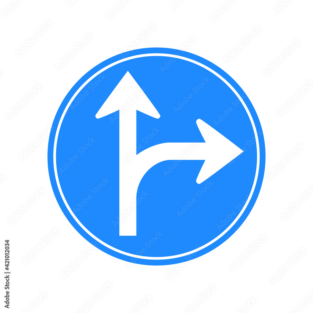 Rounded traffic signal in blue and white, isolated on white background. Compulsory ahead or turn right Rounded traffic signal in blue and white, isolated on white background. Compulsory ahead or turn right