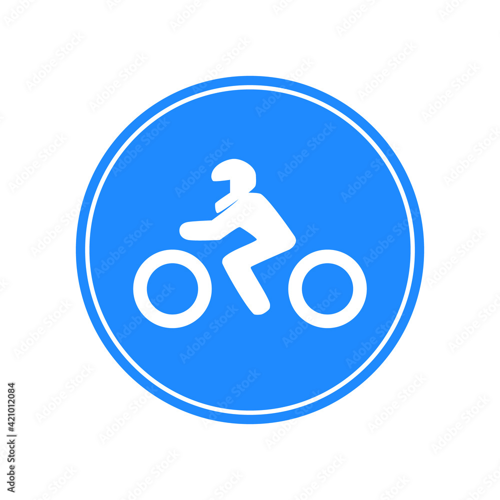 Rounded traffic signal in blue and white, isolated on white background. Compulsory road for motorcycles Rounded traffic signal in blue and white, isolated on white background. Compulsory road for motorcycles
