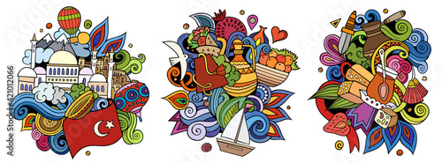 Turkey cartoon vector doodle designs set.