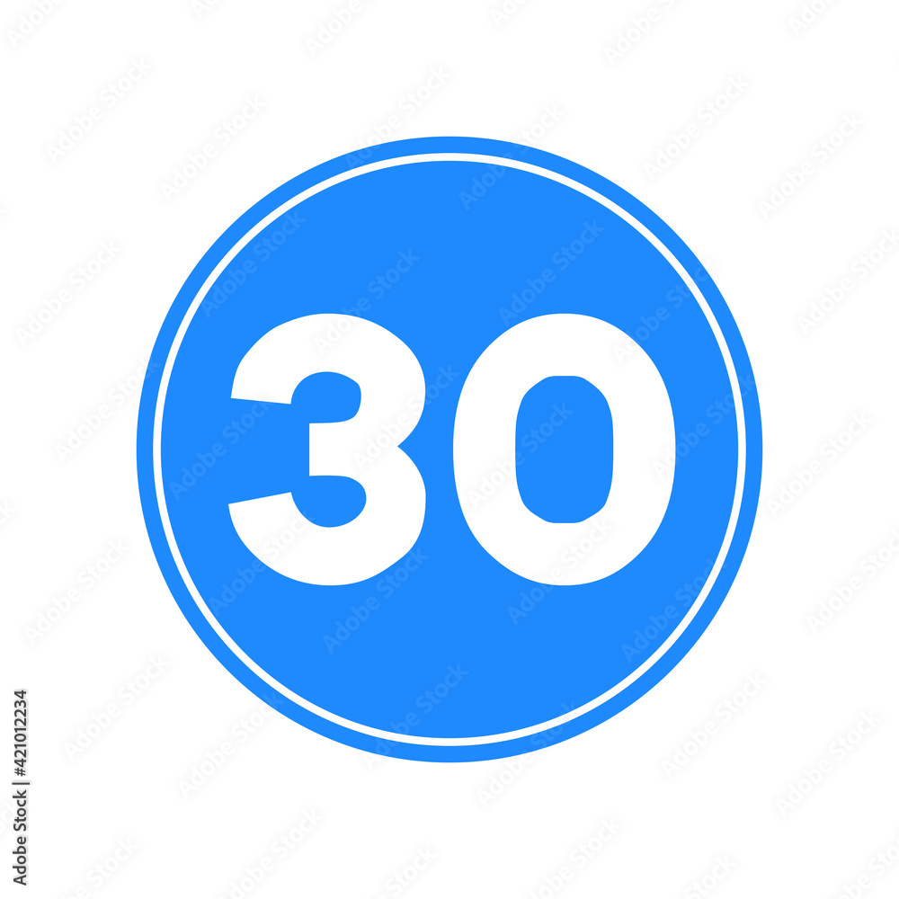 Rounded traffic signal in blue and white, isolated on white background. Minimum speed of thirty Rounded traffic signal in blue and white, isolated on white background. Minimum speed of thirty