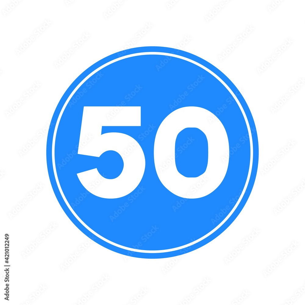 Rounded traffic signal in blue and white, isolated on white background. Minimum speed of fifty Rounded traffic signal in blue and white, isolated on white background. Minimum speed of fifty