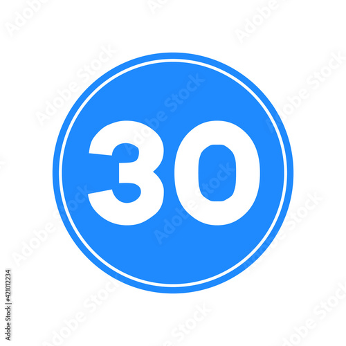 Rounded traffic signal in blue and white, isolated on white background. Minimum speed of thirty