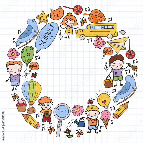 Vector pattern with items for school. Online internet education, e-learning.