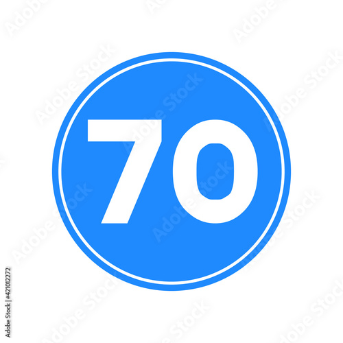 Rounded traffic signal in blue and white, isolated on white background. Minimum speed of seventy