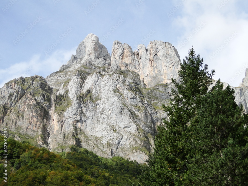 Picos rocosos vistos desde un ángulo bajo y enmarcados por árboles en las inmediaciones del Parque Nacional de los Picos de Europa, España