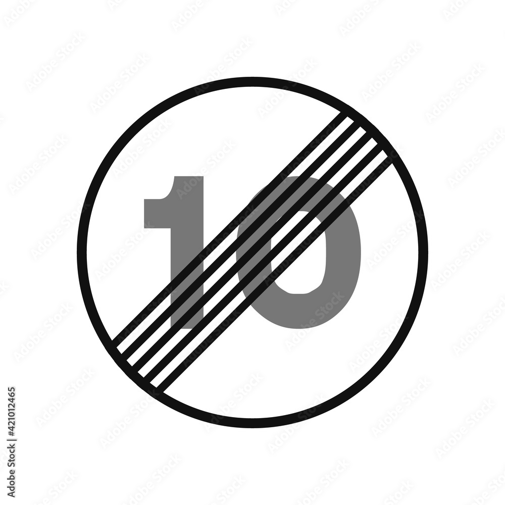 Rounded traffic signal in black and white, isolated on white background. End of speed limitation to ten Rounded traffic signal in black and white, isolated on white background. End of speed limitation to ten