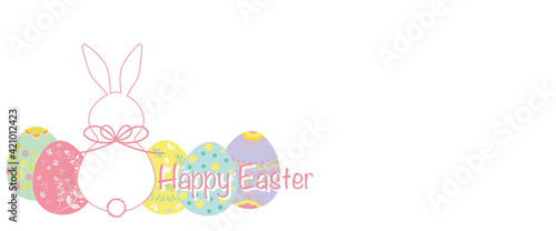 Easter concept. Decorative easter eggs with a bunny icon on white background. Easter illustration for web event, banner and design. イースターイラスト、イースターエッグとうさぎちゃんイラスト