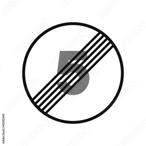 Rounded traffic signal in black and white, isolated on white background. End of speed limitation to five