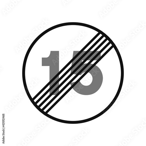 Rounded traffic signal in black and white, isolated on white background. End of speed limitation to fifteen