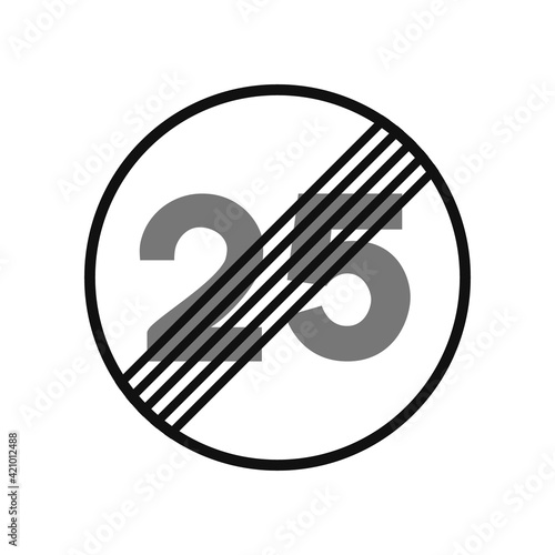 Rounded traffic signal in black and white, isolated on white background. End of speed limitation to twenty five