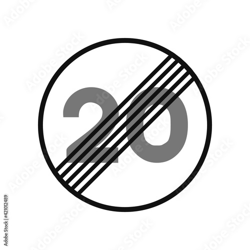Rounded traffic signal in black and white, isolated on white background. End of speed limitation to twenty