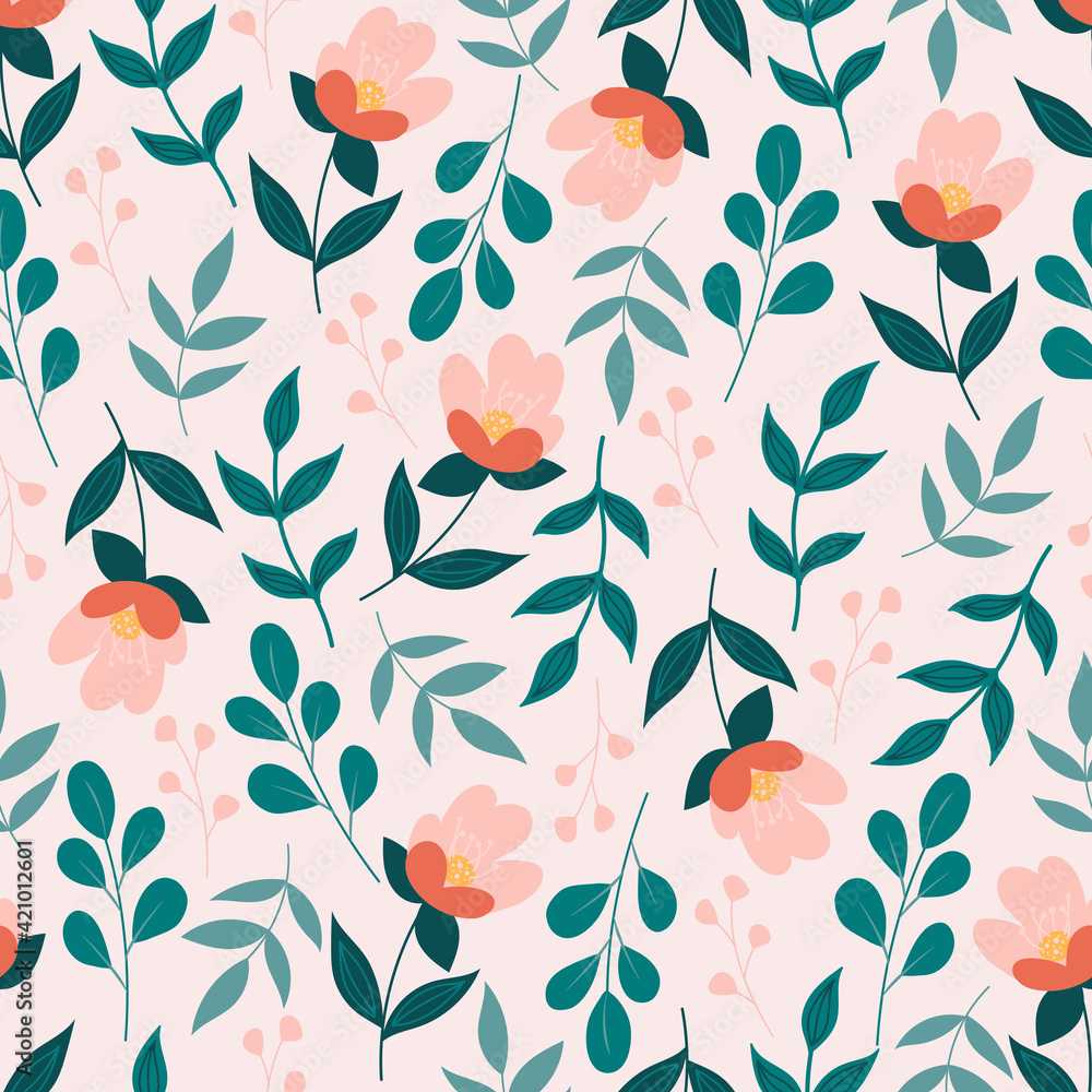 Modern seamless pattern with flowers and leaves. Botanical background Modern seamless pattern with flowers and leaves. Botanical background