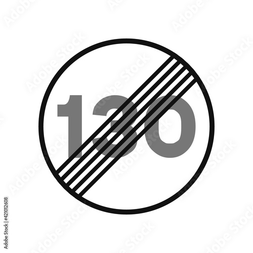 Rounded traffic signal in black and white, isolated on white background. End of speed limitation to one hundred and thirty