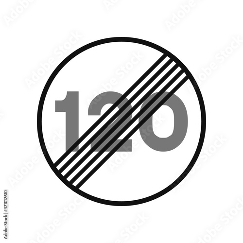Rounded traffic signal in black and white, isolated on white background. End of speed limitation to one hundred and twenty