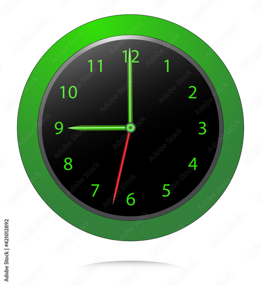 Wall clock with pointers vector illustration. Green clock icon design isolated on white. Wall clock with pointers vector illustration. Green clock icon design isolated on white.