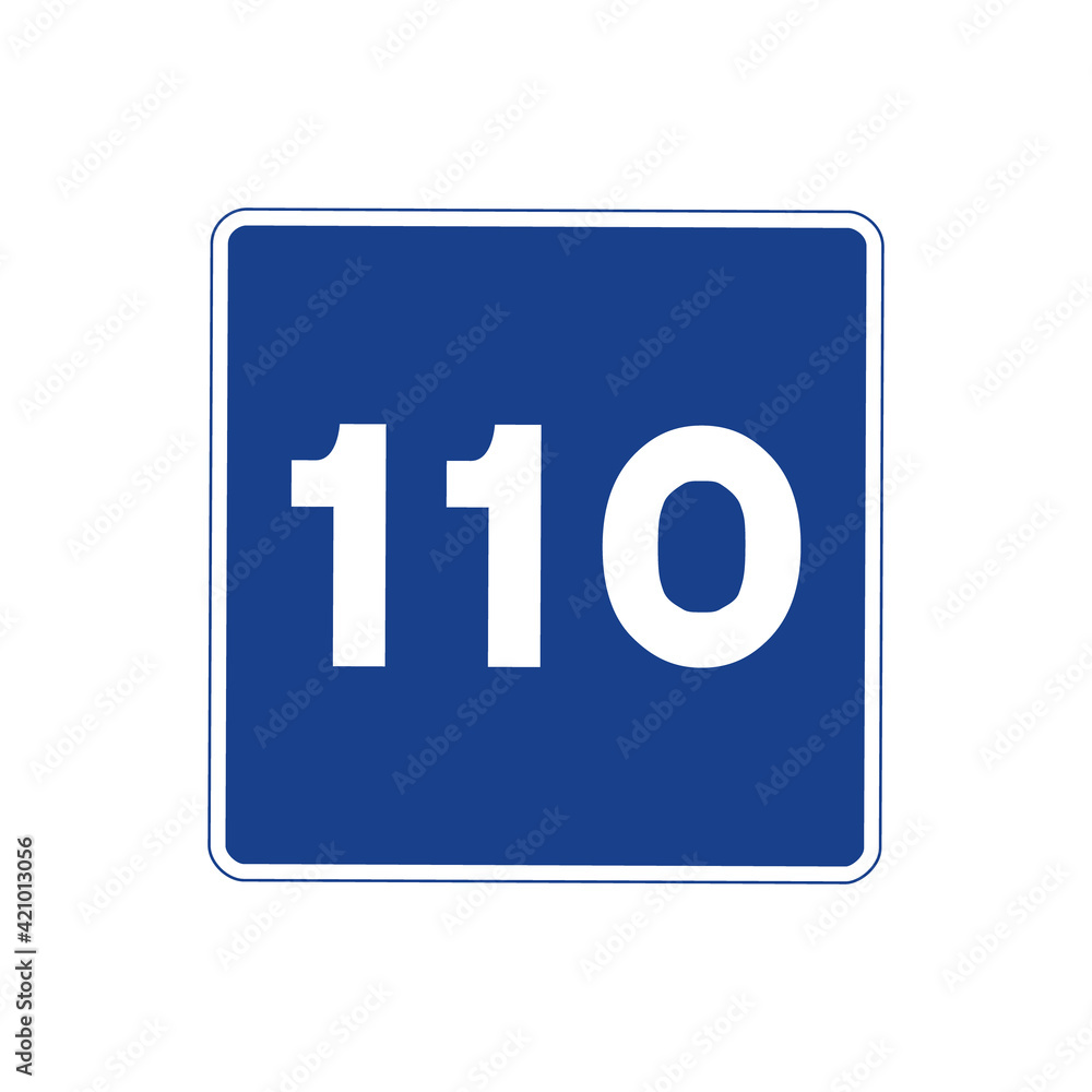 Square traffic signal in blue and white, isolated on white background. Maximum recommended speed of one hundred and ten Square traffic signal in blue and white, isolated on white background. Maximum recommended speed of one hundred and ten