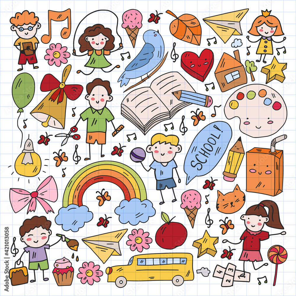 Fototapeta premium Vector pattern with items for school. Online internet education, e-learning.