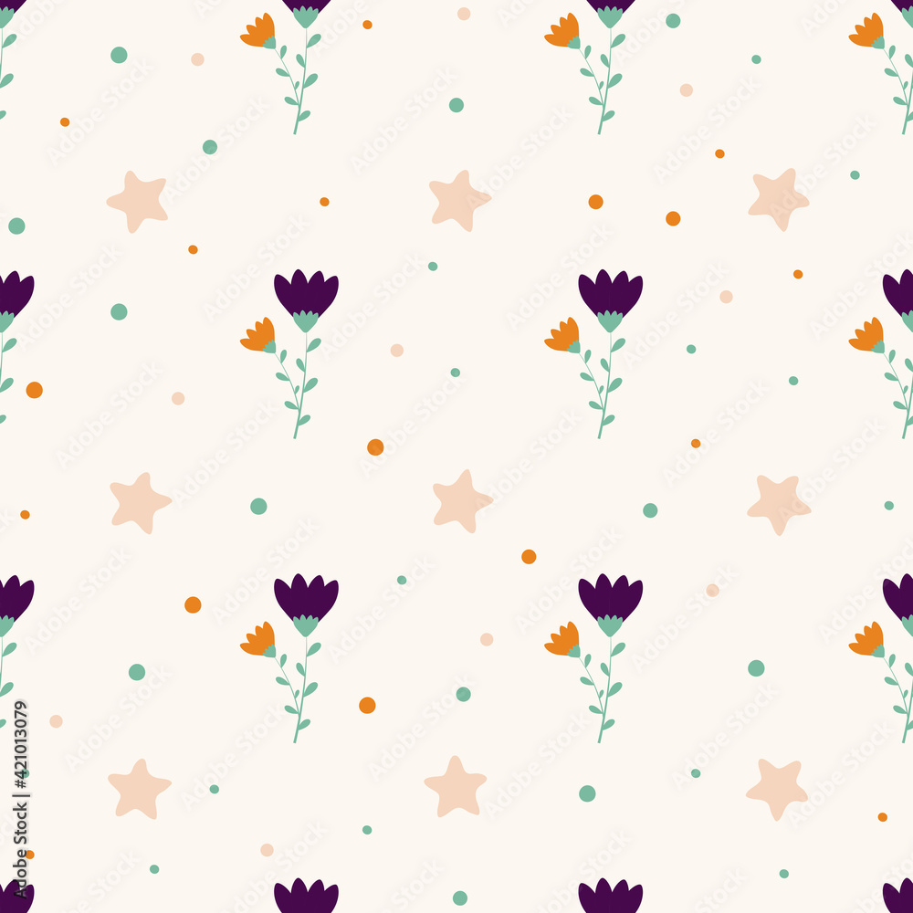 Seamless pattern with purple bells and stars on a light background. A summery, minimalistic pattern with flowers and circles. Pattern for wrapping paper, stationery, textiles, backgrounds, websites.
