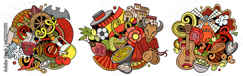 Spain cartoon vector doodle designs set.