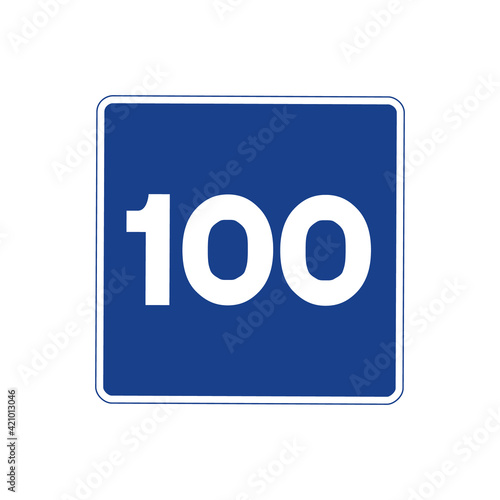 Square traffic signal in blue and white, isolated on white background. Maximum recommended speed of one hundred