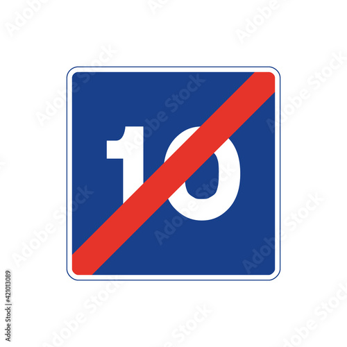 Square traffic signal in blue and white, isolated on white background. End of maximum recommended speed of ten