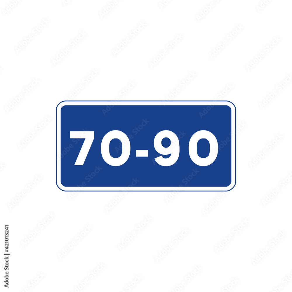Rectangular traffic signal in blue and white, isolated on white background. Recommended range of speeds Rectangular traffic signal in blue and white, isolated on white background. Recommended range of speeds