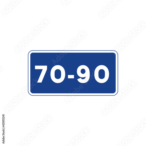 Rectangular traffic signal in blue and white, isolated on white background. Recommended range of speeds