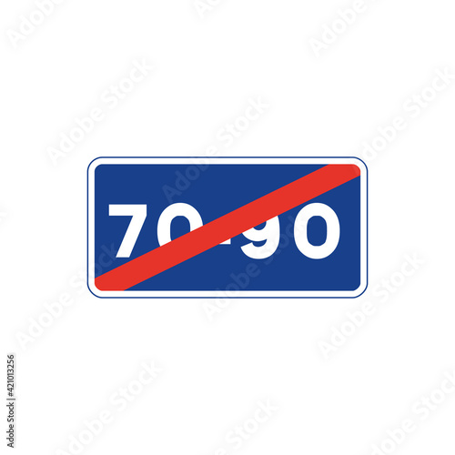 Rectangular traffic signal in blue and white, isolated on white background. End of recommended range of speeds