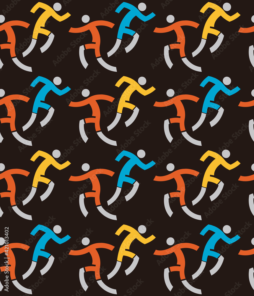 Running people, joggers, Seamless decorative pattern.
Black Background with colorful runners icons. Vector available.