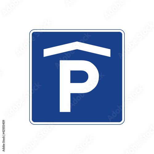 Square traffic signal in blue and white, isolated on white background. Covered parking area