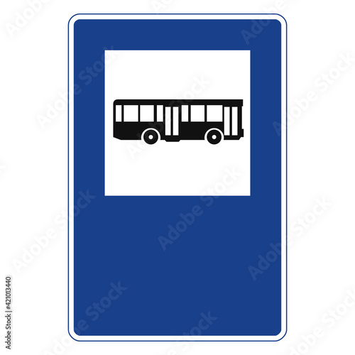 Rectangular traffic signal in blue and white, isolated on white background. Bus stop