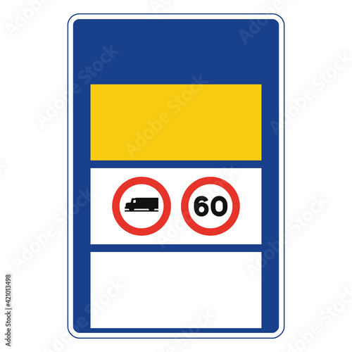 Rectangular traffic signal in blue and white, isolated on white background. Passability in mountain pass