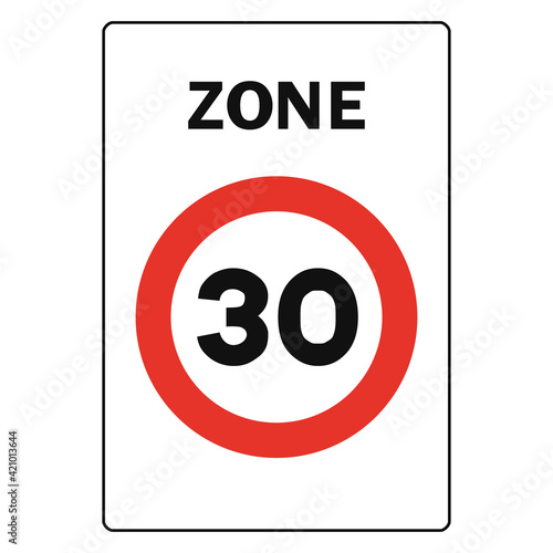 Rectangular traffic signal in white and red, isolated on white background. Pedestrian priority zone with maximum speed for vehicles