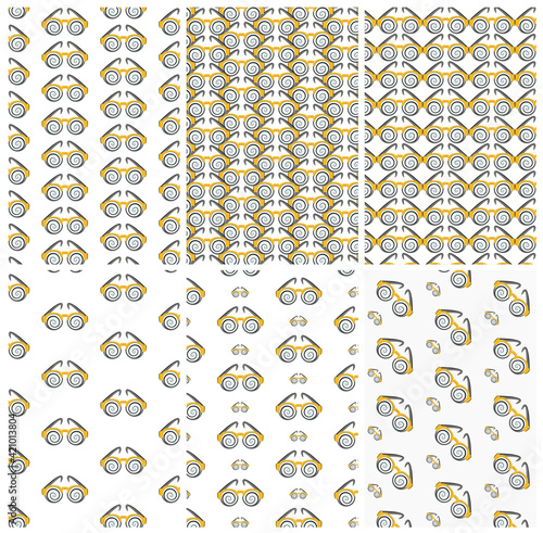Vector set of patterns and backgrounds with hypnosis glasses patterns. Sunglasses. Magic ornament. Focus. Show.Concert. For printing on textiles, wallpaper, covers, web, wrapper paper, banners, poster