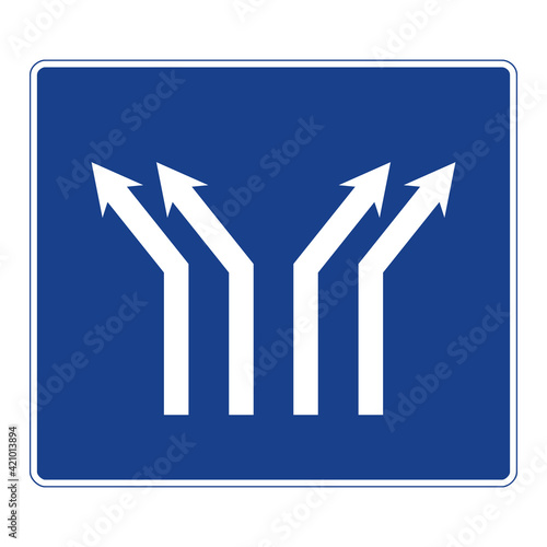 Rectangular traffic signal in blue and white, isolated on white background. Fork on a four-lane road