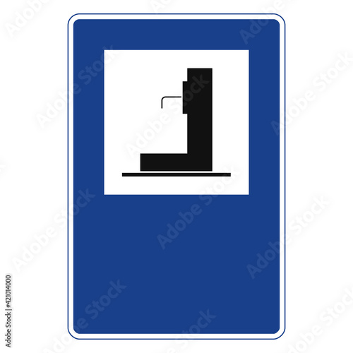 Rectangular traffic signal in blue and white, isolated on white background. Water