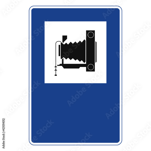 Rectangular traffic signal in blue and white, isolated on white background. Landmark