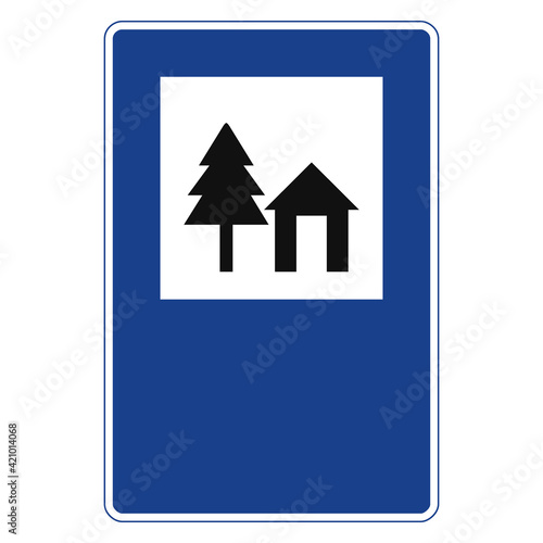 Rectangular traffic signal in blue and white, isolated on white background. Youth hostel