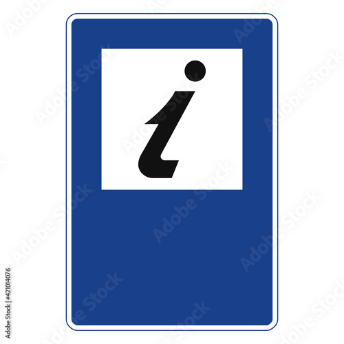 Rectangular traffic signal in blue and white, isolated on white background. Tourist information point