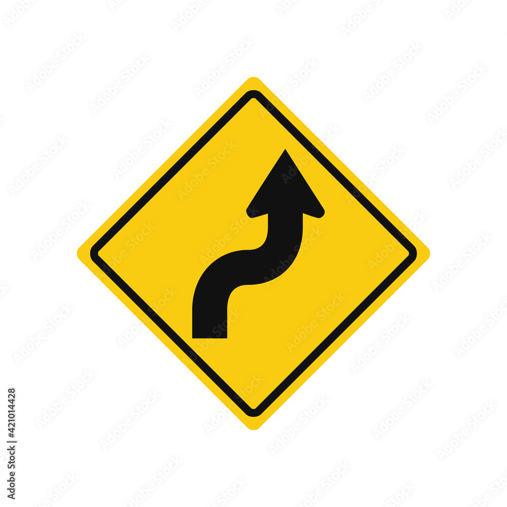 Rhomboid traffic signal in yellow and black, isolated on white background. Warning of reverse turn starting with right turn Rhomboid traffic signal in yellow and black, isolated on white background. Warning of reverse turn starting with right turn
