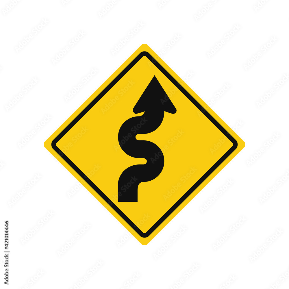 Rhomboid traffic signal in yellow and black, isolated on white background. Warning of winding road Rhomboid traffic signal in yellow and black, isolated on white background. Warning of winding road