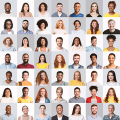 Collage of happy mixed young people portraits on studio backgrounds